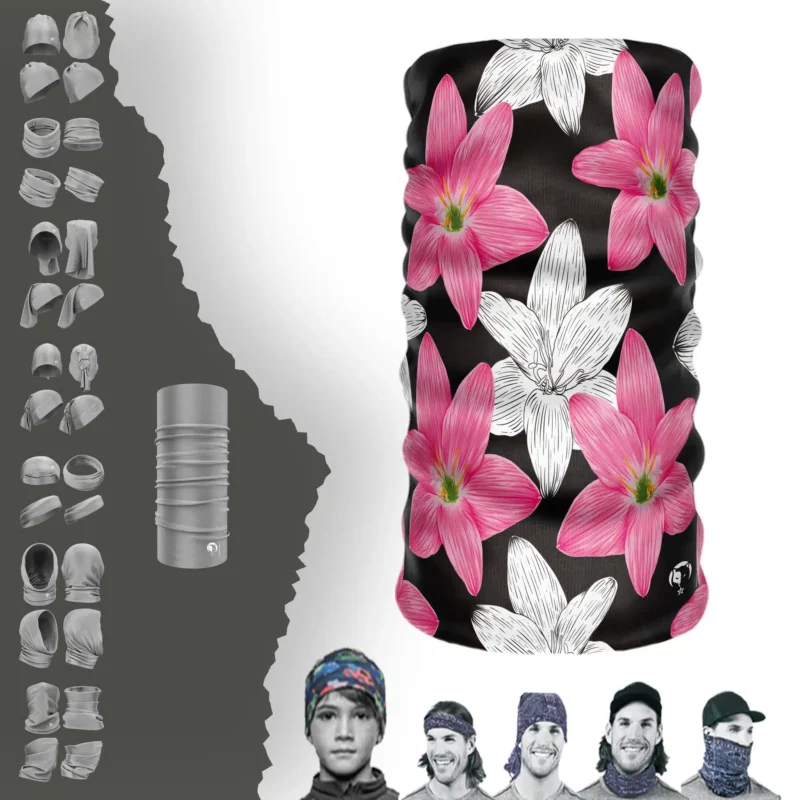 Buyuk Pembe Beyaz Çiçekli Siyah Zeminli Boyunluk Bere Bandana Maske Bone Toka Saçbandı